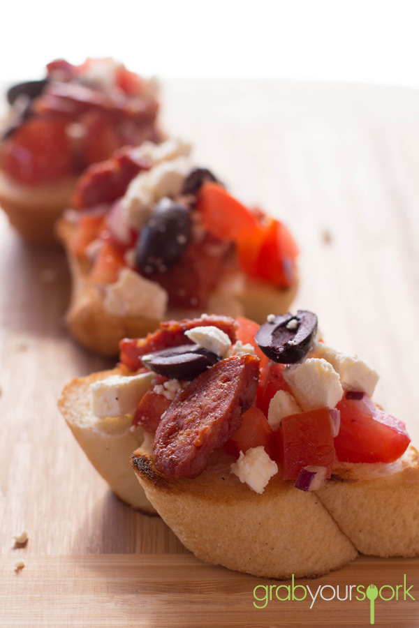 Bruschetta with Olives, Feta and chorizo