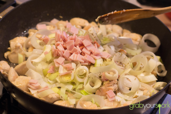 Chicken bacon and leek in pan
