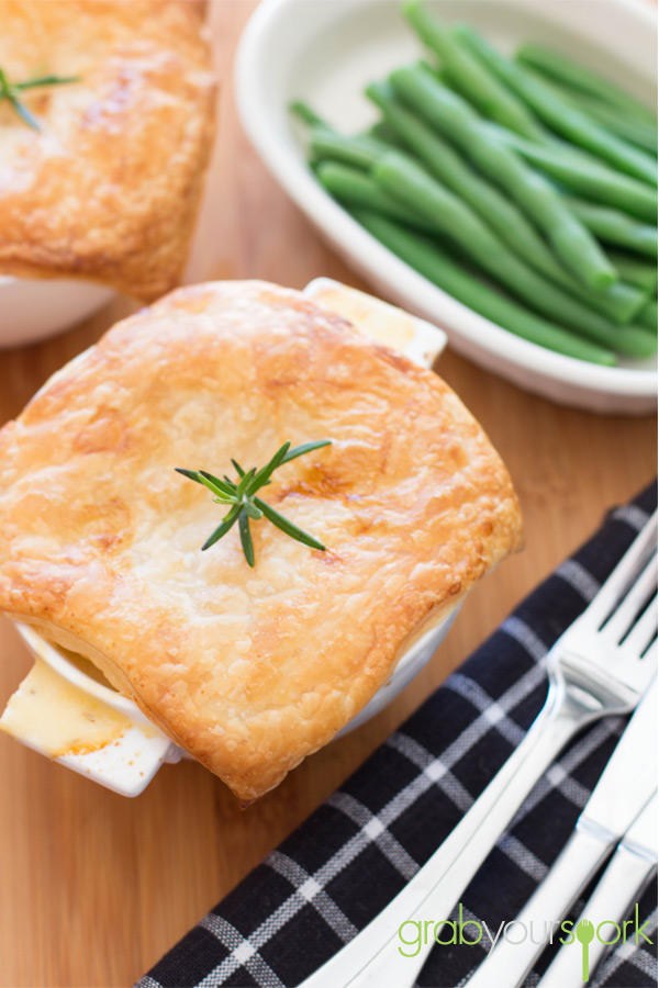 Chicken, bacon and leek pies with beans