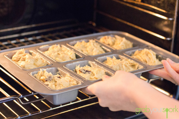 Sticky date and banana loaves in oven