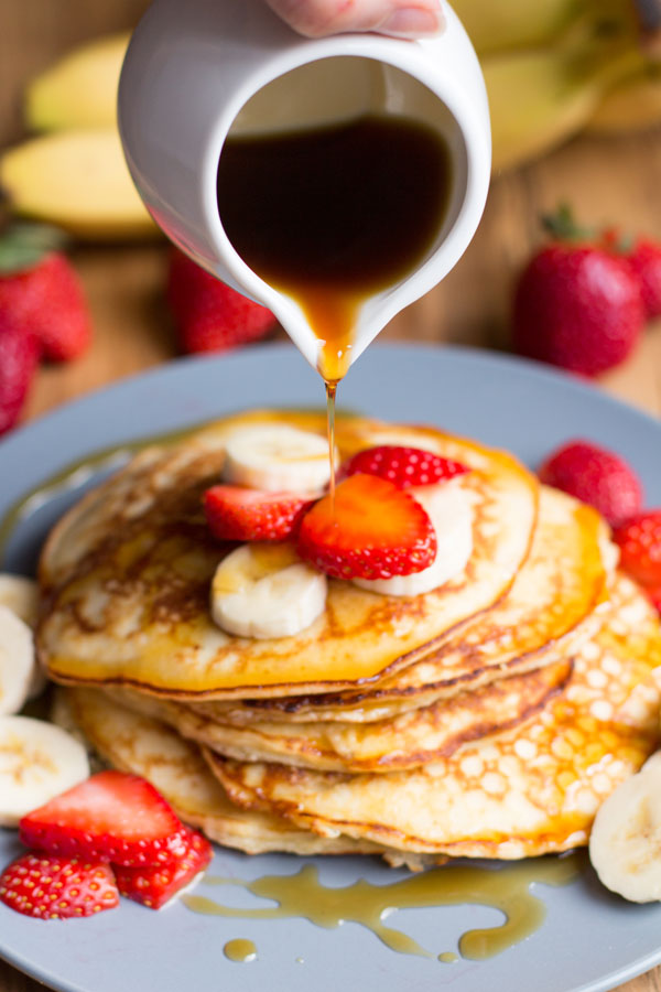 coconut flour pancakes with strawberries and banana